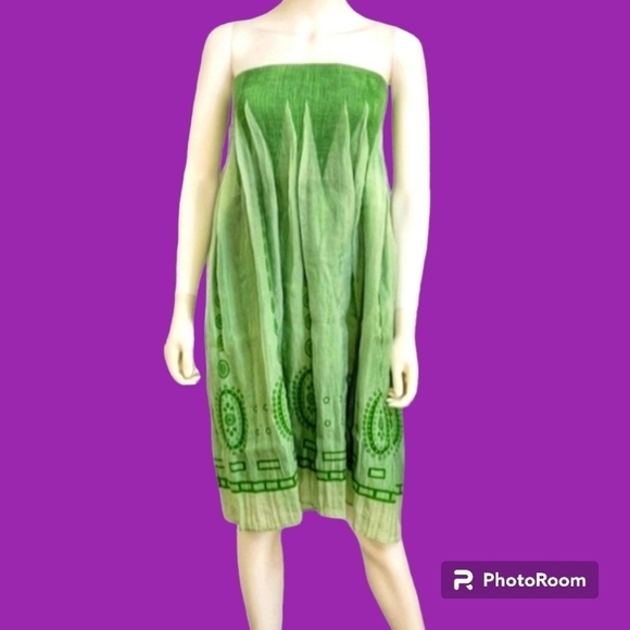 Lapis Anthropologie Acid Green Chiffon Tribal Smock Bandeau Cover-up Dress - Picture 1 of 10